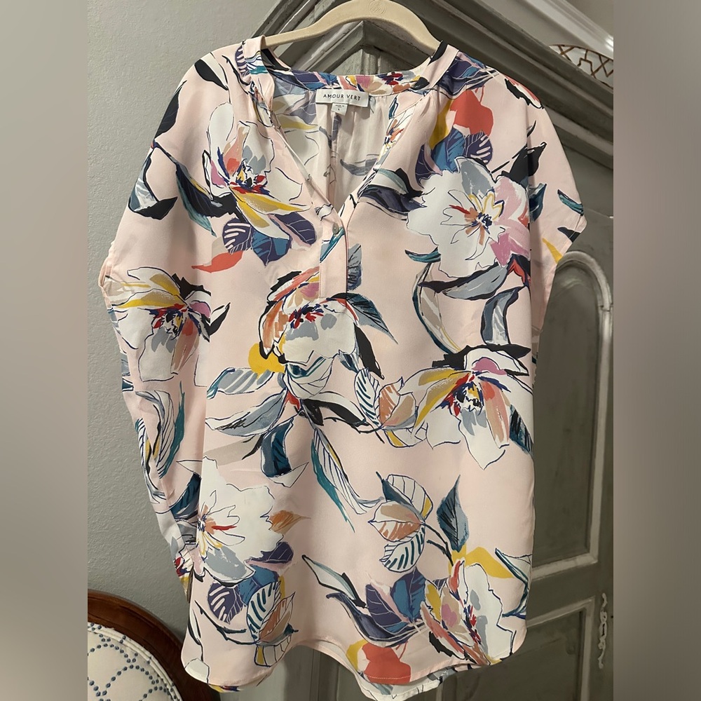 Amour Vert Silk Floral Short Sleeve Blouse